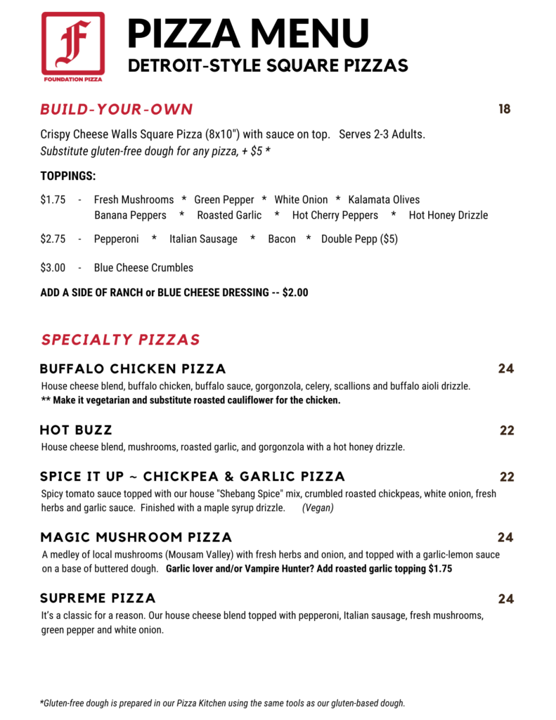 Foundation Pizza menu updated 2-7-2024