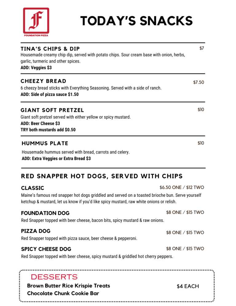 Foundation Snack & Hot Dog menu, updated 7-20-24