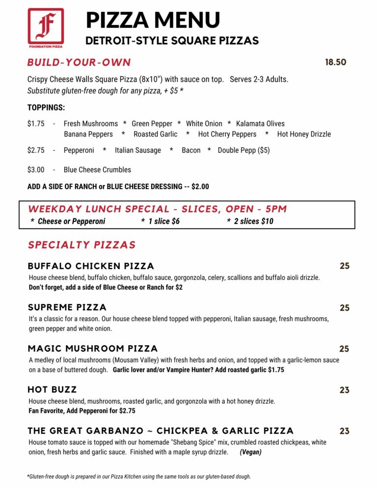 Foundation Pizza Menu, updated 9-18-24