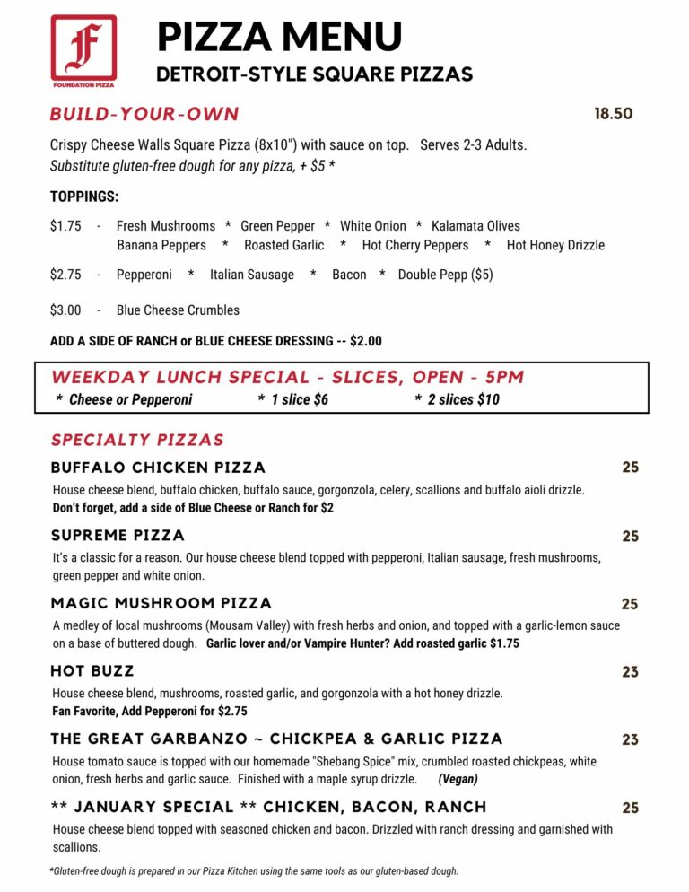 Foundation Pizza Menu, updated 1-2-2025