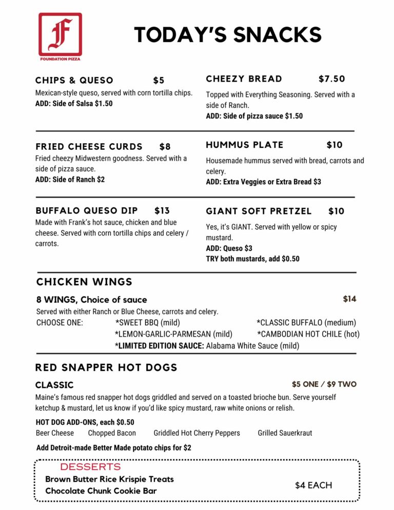 Foundation Snack menu, updated 12-31-2024