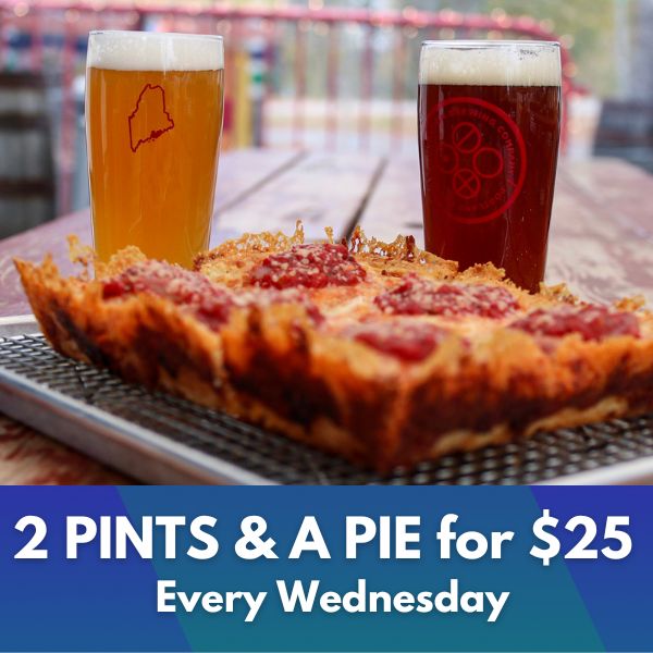 Two pints of Foundation beer beside a Detroit-style pizza, Wednesday's 2 Pints & a Pie special