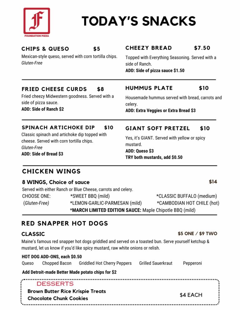 Foundation Brewing Snack Menu, updated 3/1/25