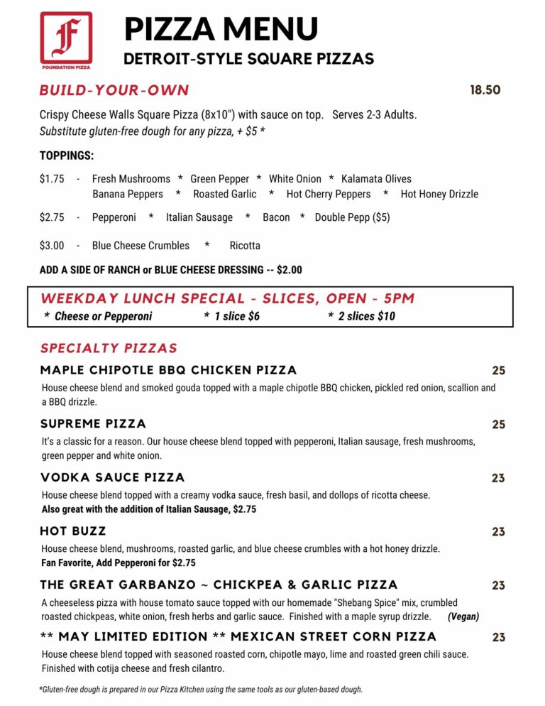 Foundation Pizza menu, updated 5-2-25