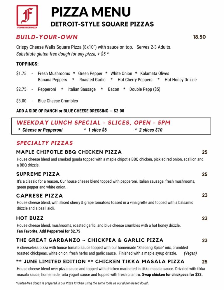 Foundation Brewing Pizza Menu, updated 6-6-25