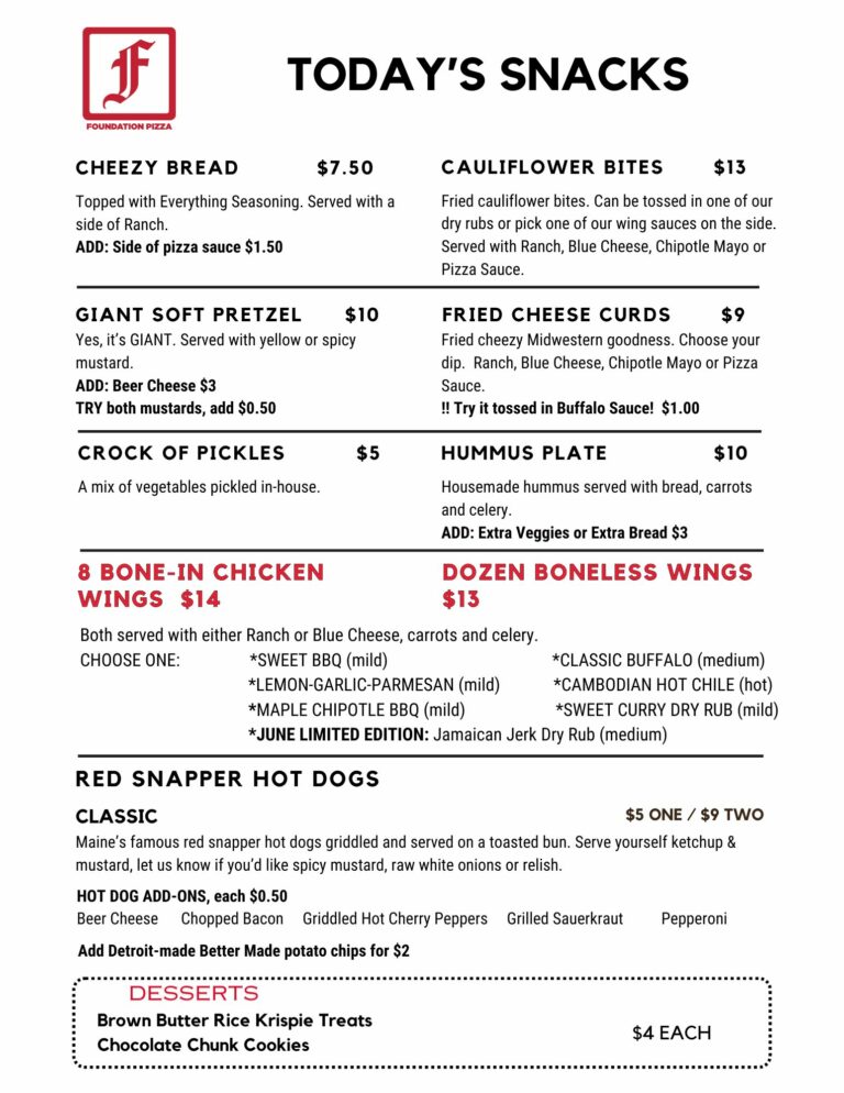 Foundation Brewing Snack Menu, updated 6-6-25