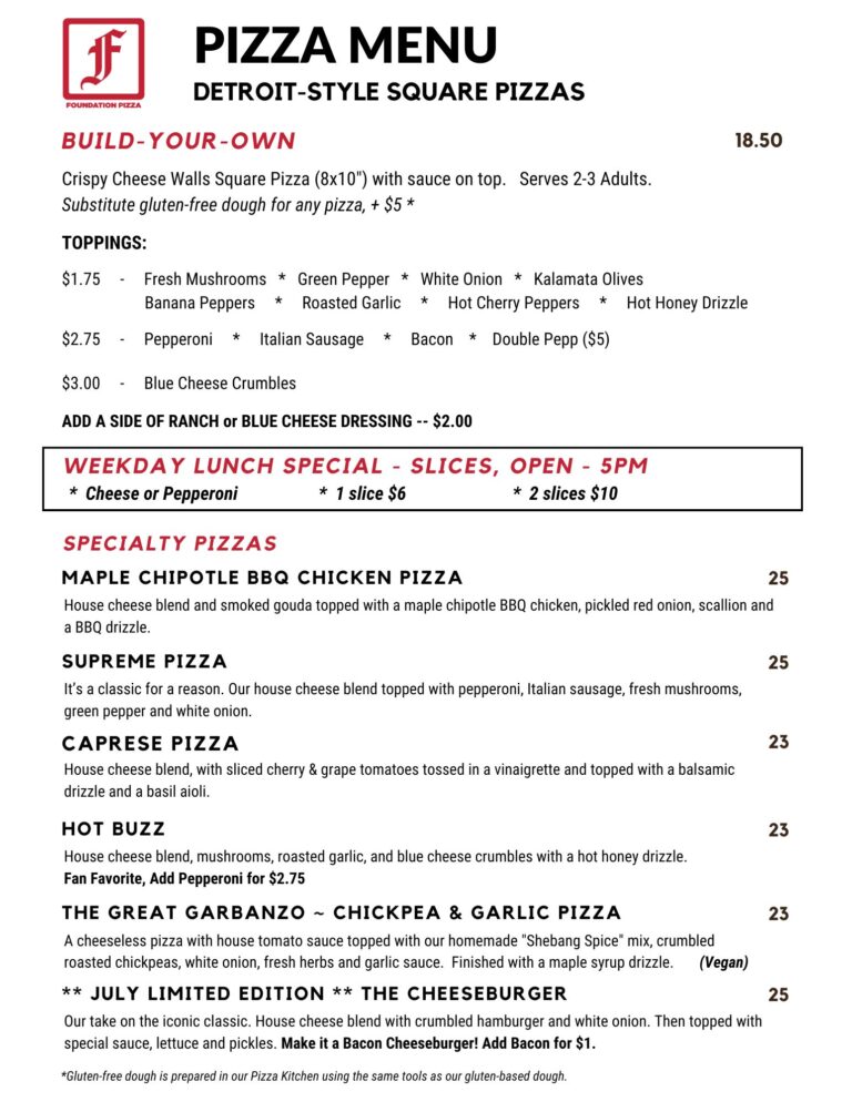 Foundation Brewing Pizza Menu, updated 7-1-25