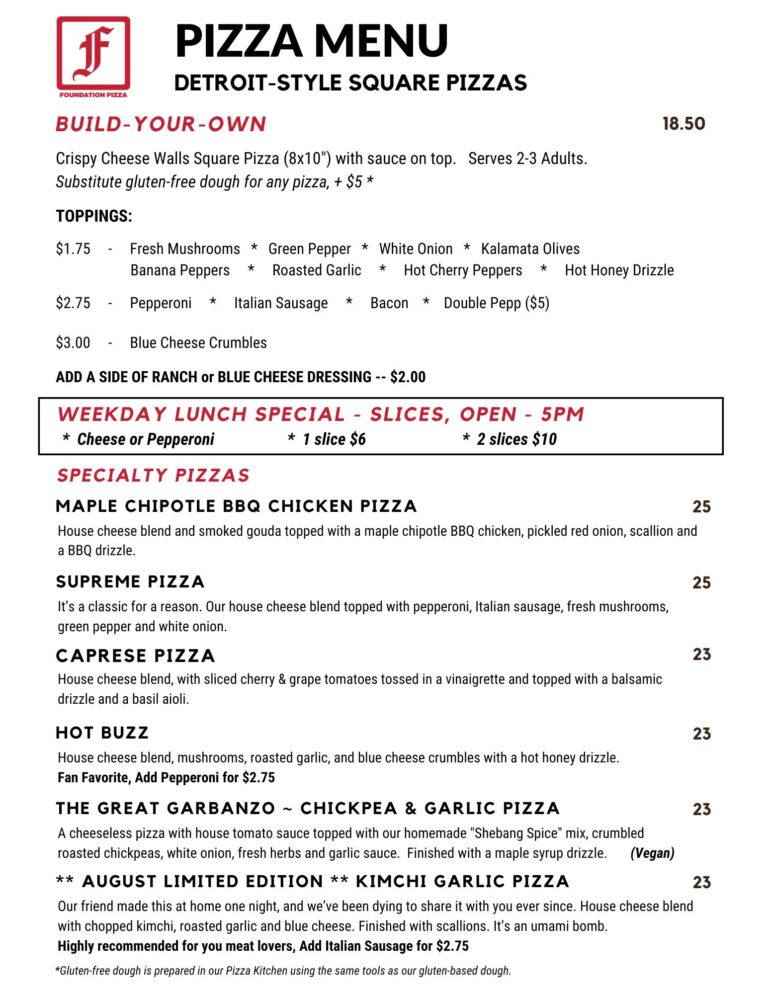 Foundation Brewing Pizza Menu, updated 8-1-25