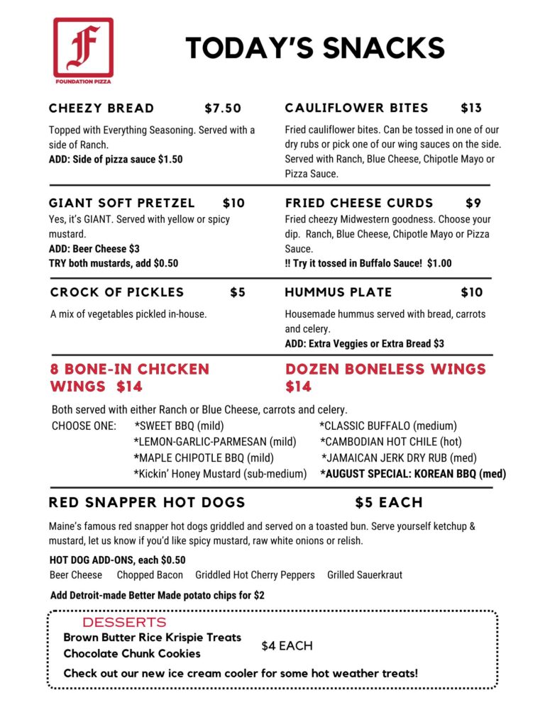 Foundation Brewing Snack Menu, updated 8-1-25