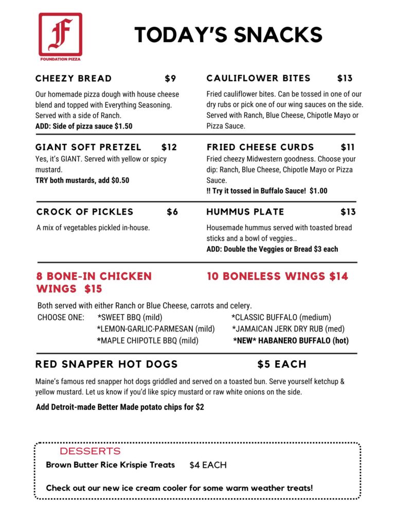 Foundation Brewing September 2025 Snack Menu