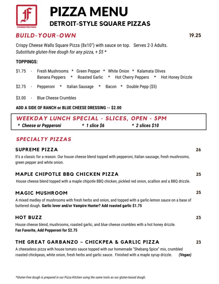 Foundation Brewing September 2025 Pizza Menu