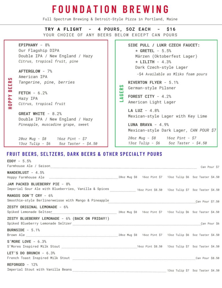 Foundation Brewing Draft menu updated 10-8-25