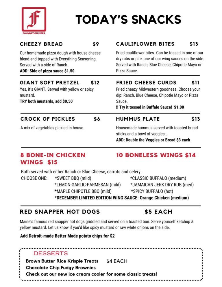 Foundation Brewing, Snack Menu updated 12/3/25