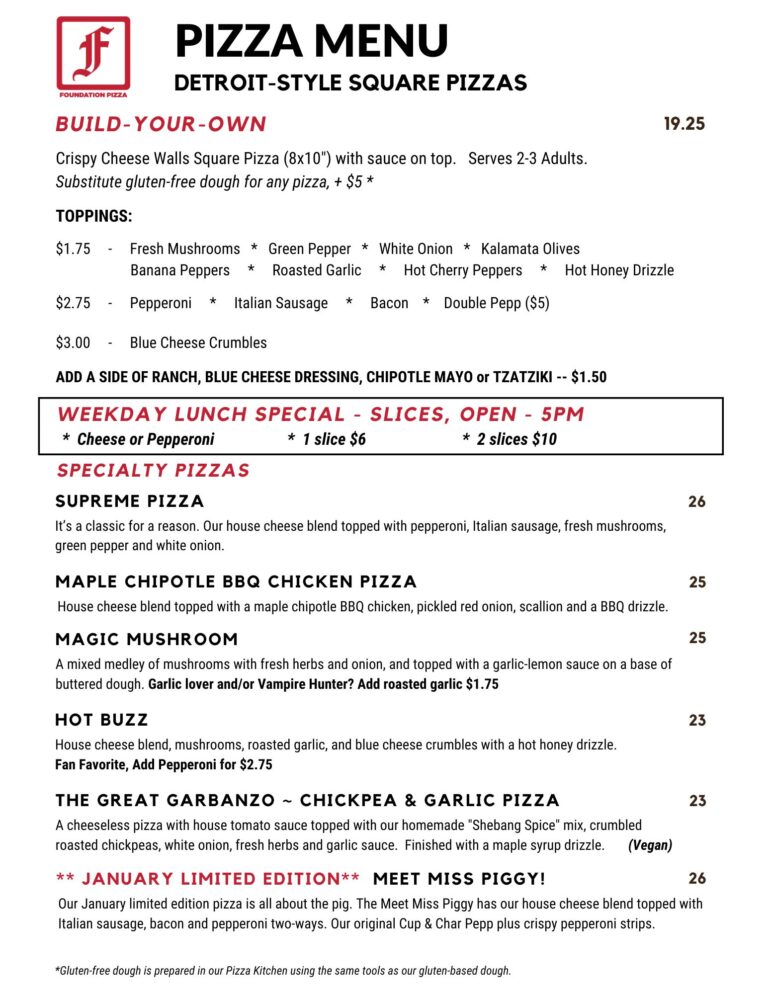 Foundation Brewing Detroit Style Pizza Menu, updated 1-2-26