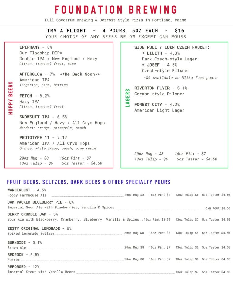 Foundation Brewing draft menu, updated 1-19-26