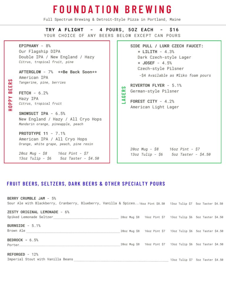 Foundation Brewing current draft menu, updated 1-25-26