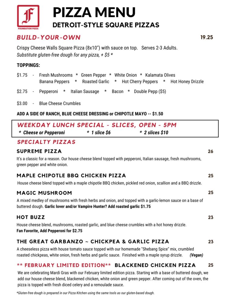 Foundation Brewing Pizza Menu, updated 2-4-26