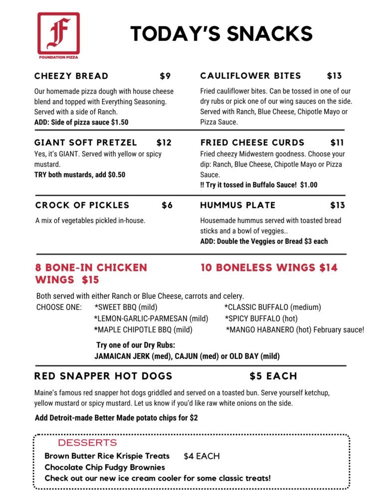 Foundation Brewing Snack Menu, updated 2-4-26