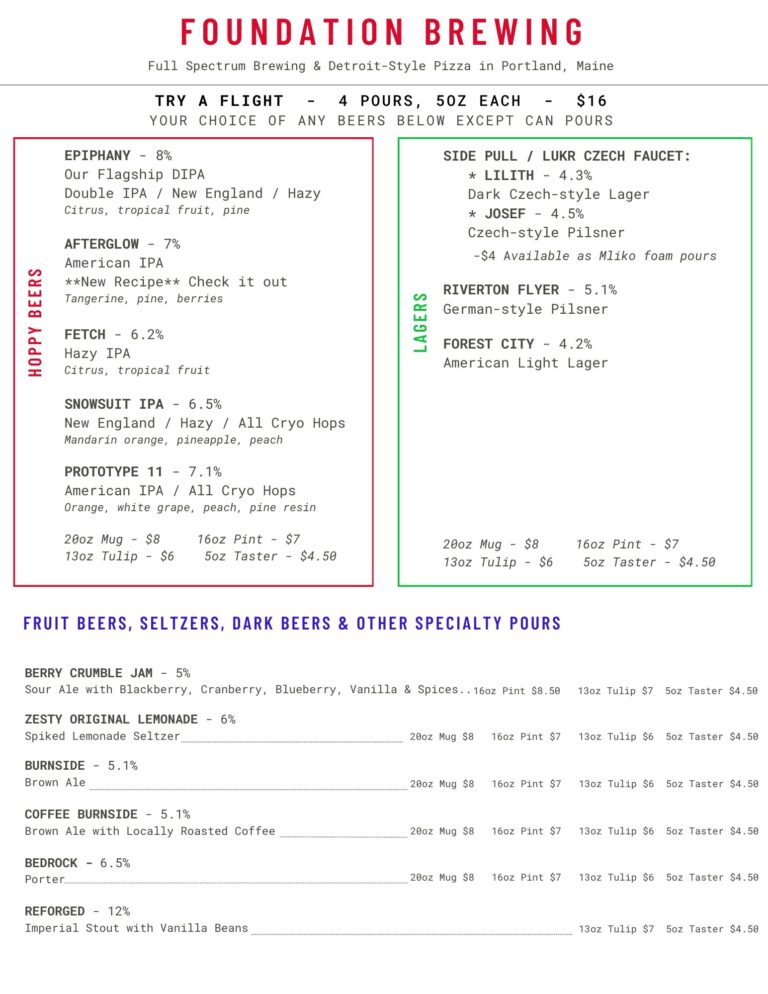 Foundation Brewing Draft menu, updated 2-18-26