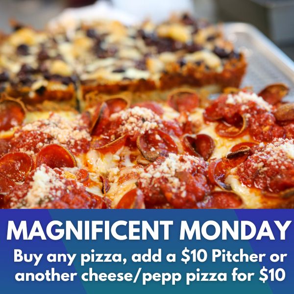 Two pizzas of Foundation Detroit-style pizza for Monday's special, Buy one and get a second cheese or pepperoni for $10