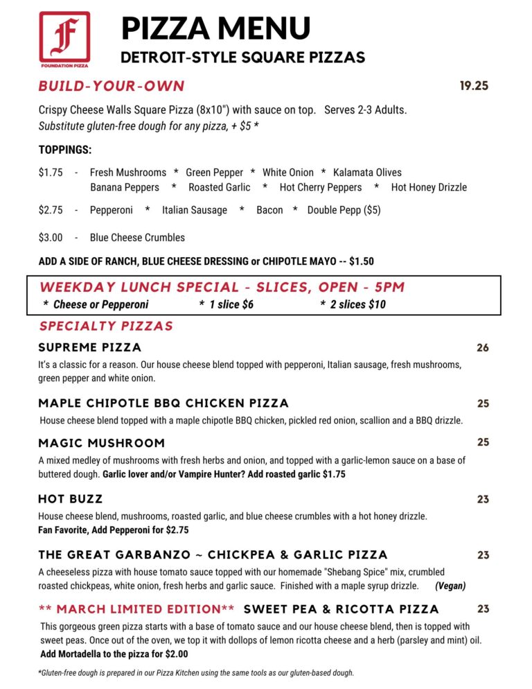 Foundation Brewing Pizza Menu, updated 3-1-26