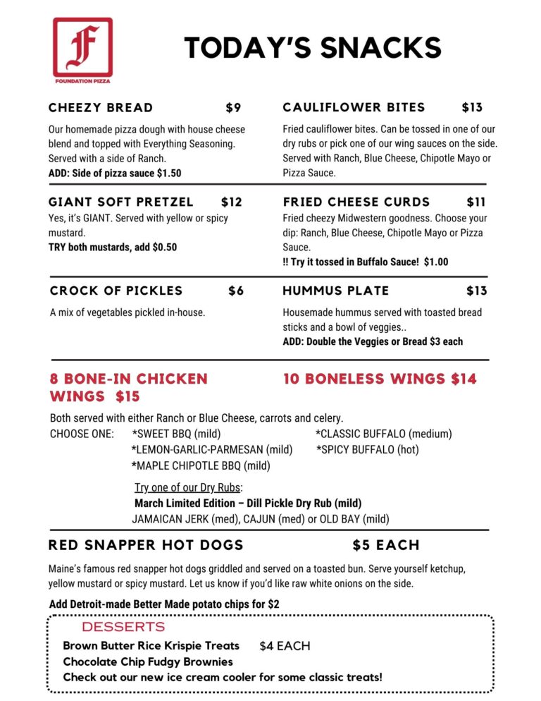 Foundation Brewing Pizza Kitchen, Snack Menu, updated 3-1-26
