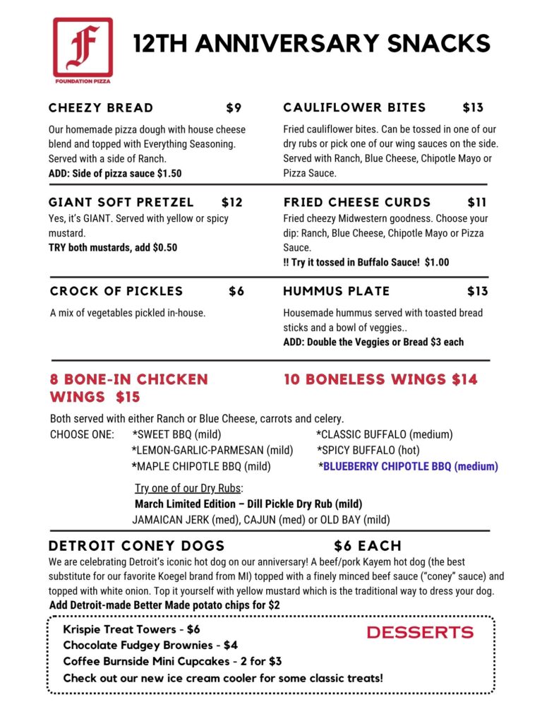 Foundation Brewing Snacks and Sides Menu, updated 3/21/26