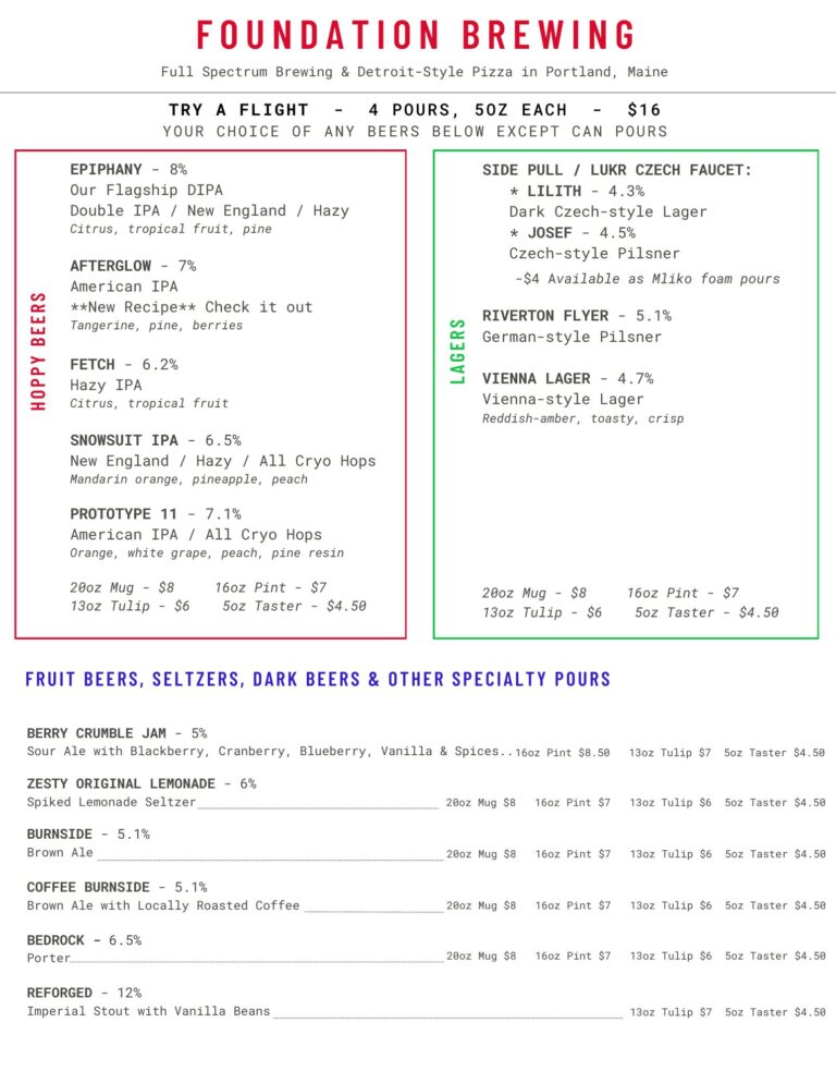 Foundation Brewing draft menu, updated 3-6-26