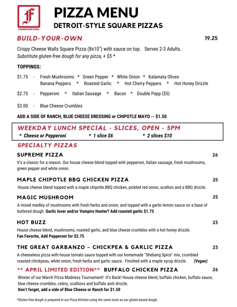 Foundation Brewing Pizza Menu, updated 4-1-26