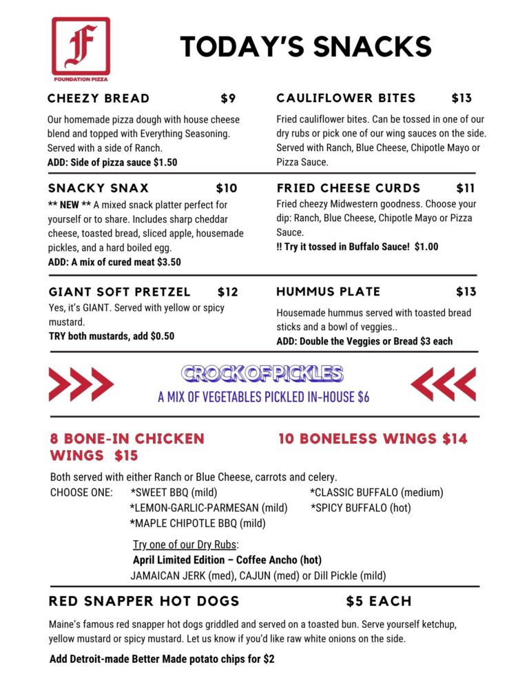 Foundation Brewing Snack menu, updated 4-23-26