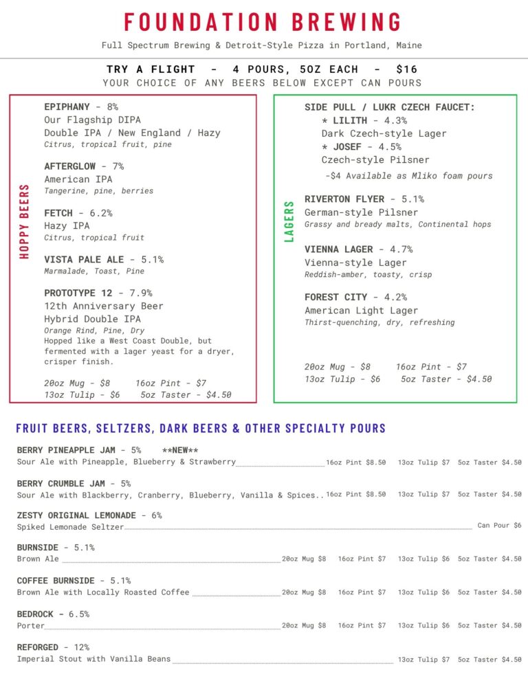 Foundation Brewing draft menu, updated 4-4-26