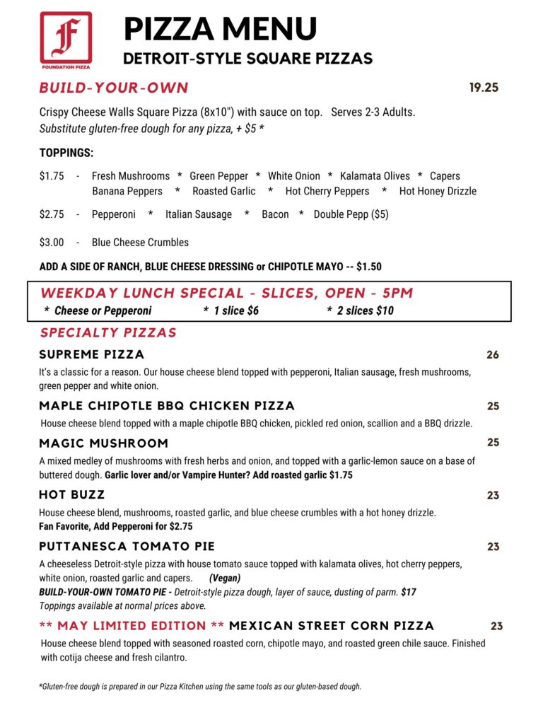 Foundation Brewing pizza menu, updated 5-1-26