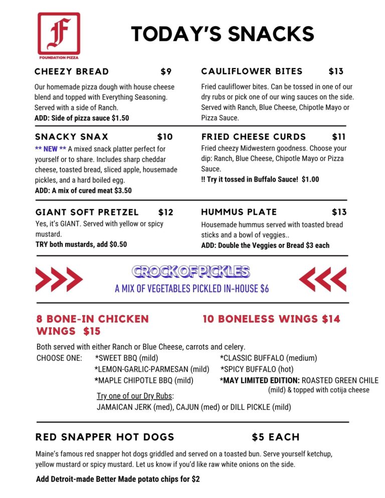 Foundation Brewing Snack Menu, updated 5-1-26