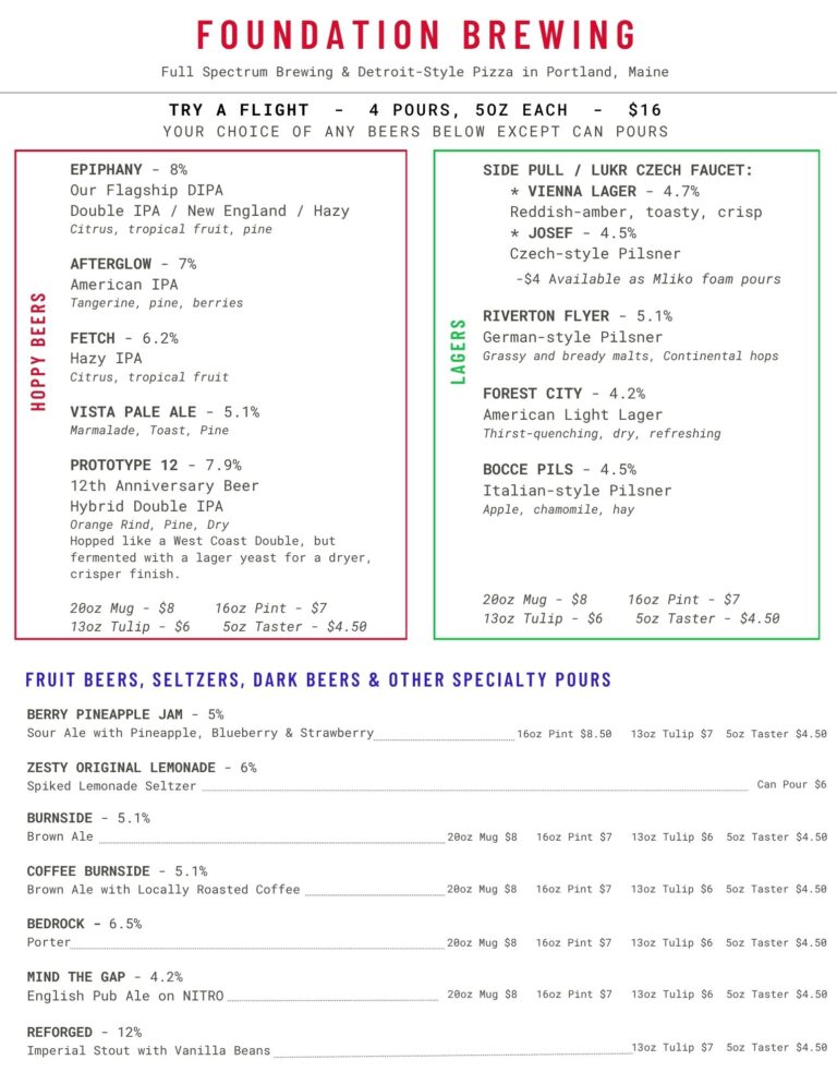 Foundation Brewing drafts and drinks menu, updated 5-15-26