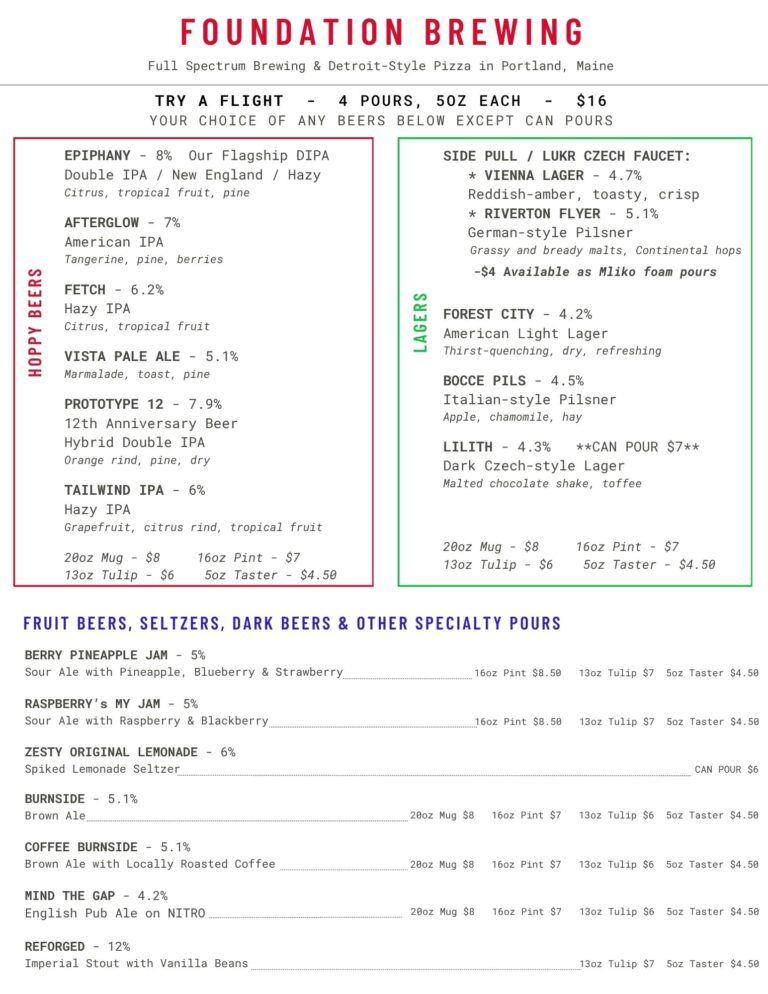 Foundation Brewing Drafts Menu, updated 5-22-26
