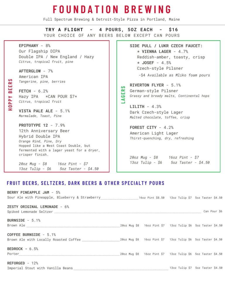 Foundation Brewing Drafts and Drinks menu, updated 5-9-26