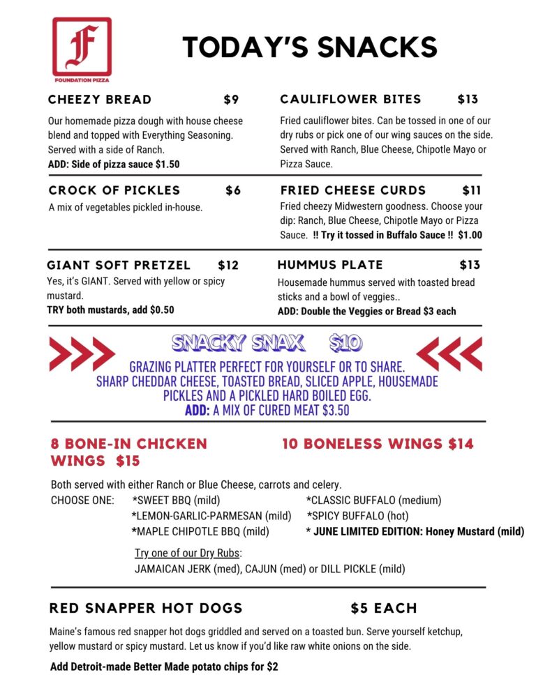 Foundation Brewing Pizza Kitchen snack menu, updated 6-18-26