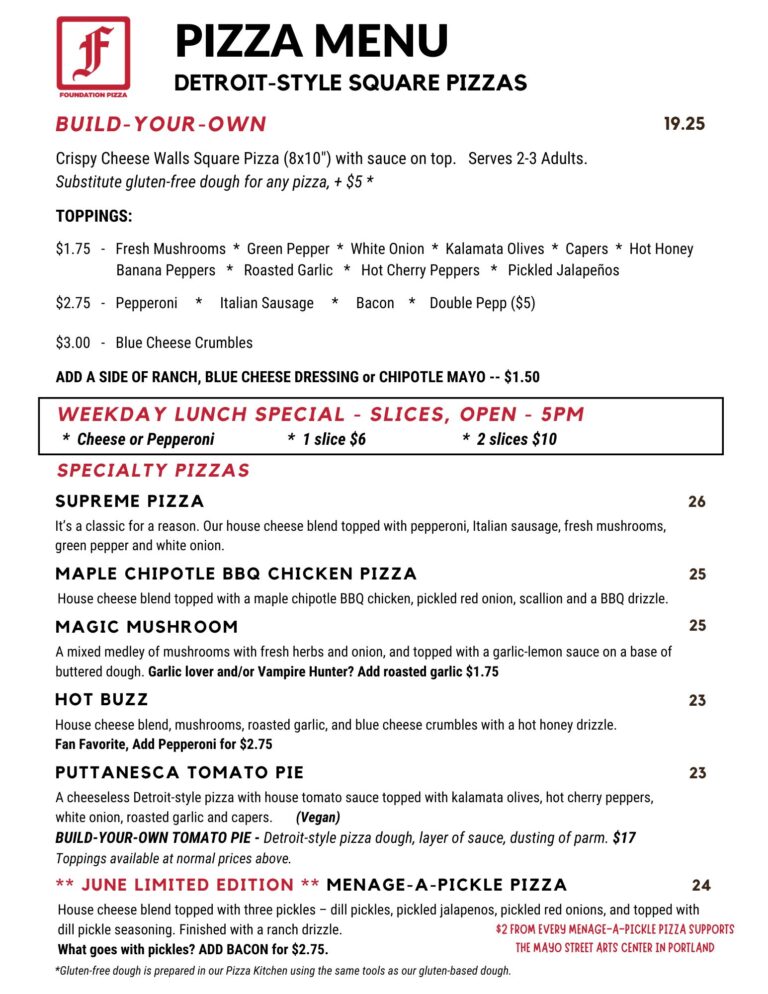 Foundation Brewing pizza menu, updated 6-3-26