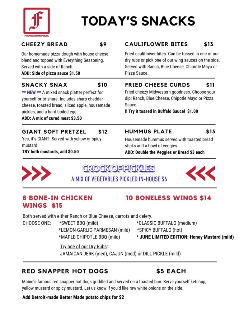 Foundation Brewing Snack Menu, updated 6-3-26