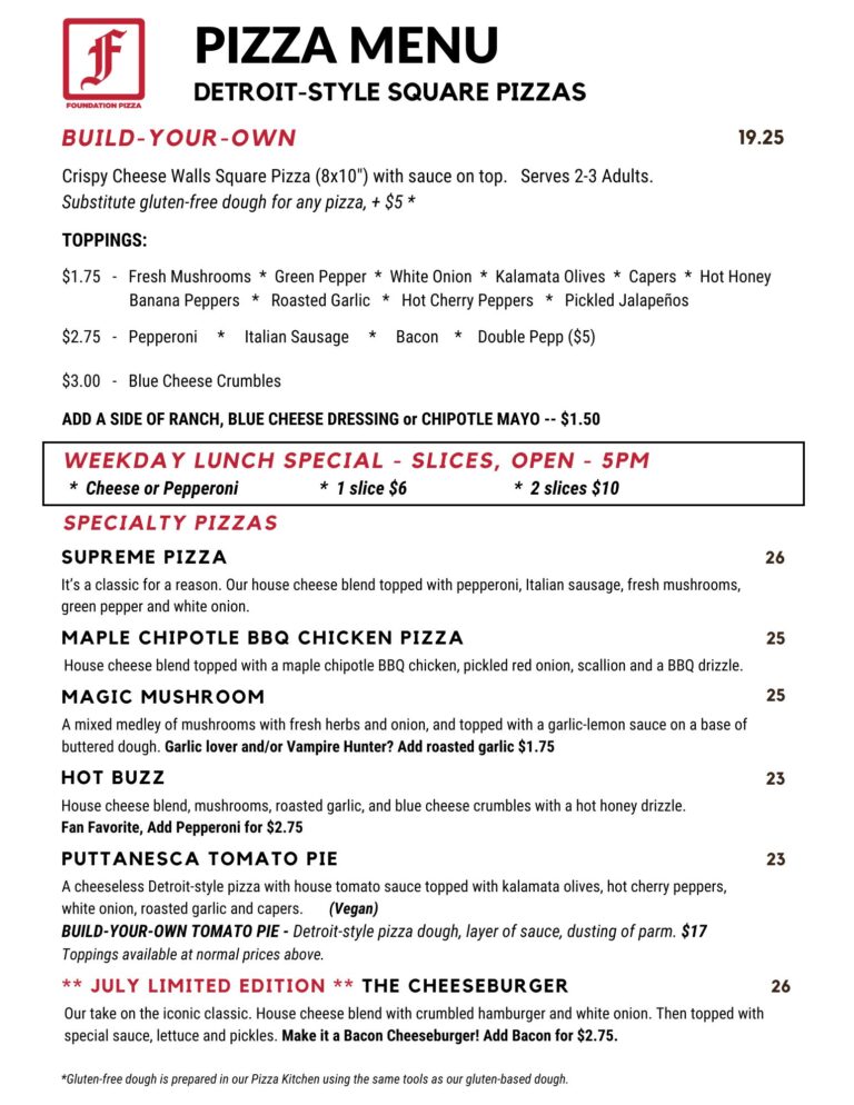 Foundation Brewing Detroit-style Pizza Menu, updated 7-1-26