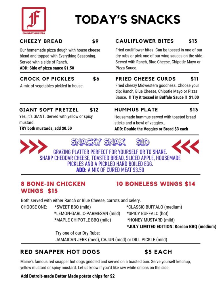Foundation Brewing Detroit-style Pizza, Snacks Menu, updated 7-1-26