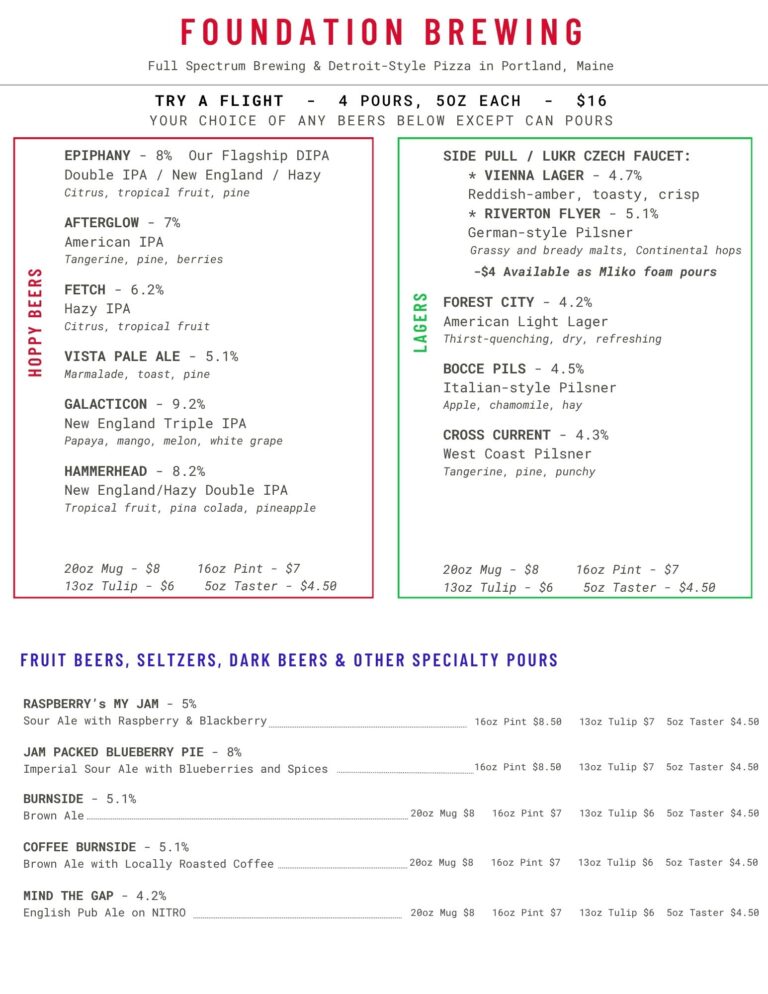 Foundation Brewing Drafts & Drinks Menu in Portland, Maine, updated 7-30-26