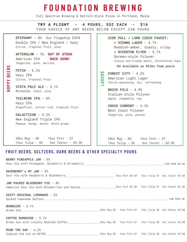 Foundation Brewing, Portland Maine, Drafts and Drinks Menu, updated 7-8-26