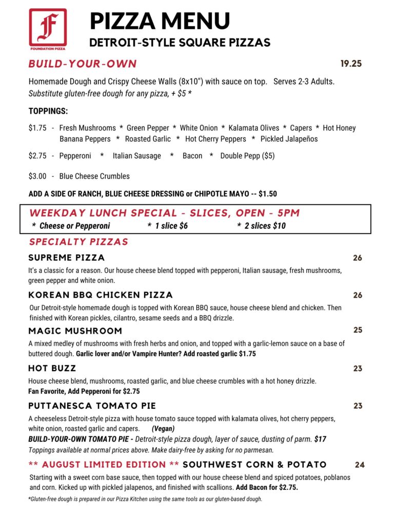 Foundation Brewing Detroit-style Pizza Menu, updated 8-1-26
