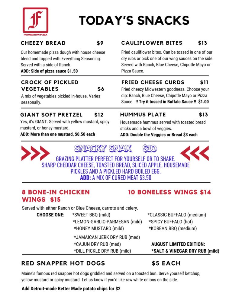 Foundation Brewing Detroit-style Pizza, Snacks Menu, updated 8-1-26