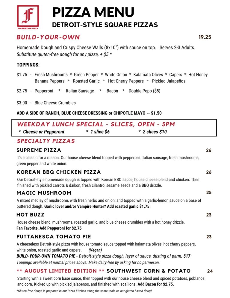 Foundation Brewing Detroit Style Pizza, Pizza Menu, updated 8-15-26, Portland Maine