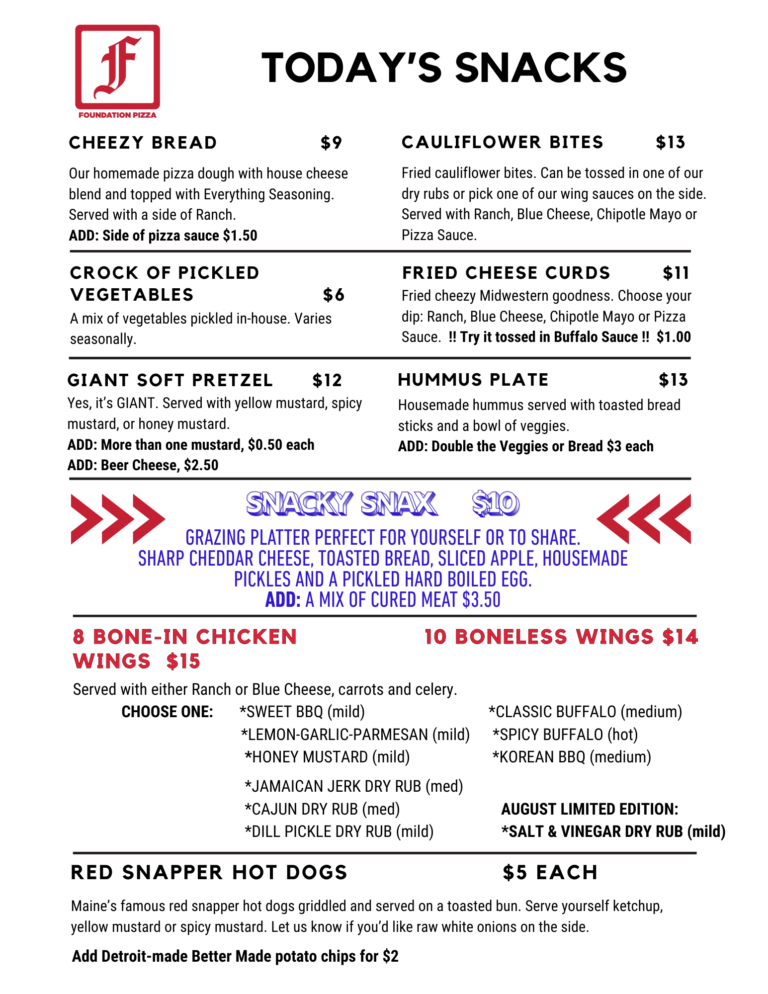 Foundation Brewing Detroit-style Pizza, Portland Maine, Snack Menu, updated 8-15-26