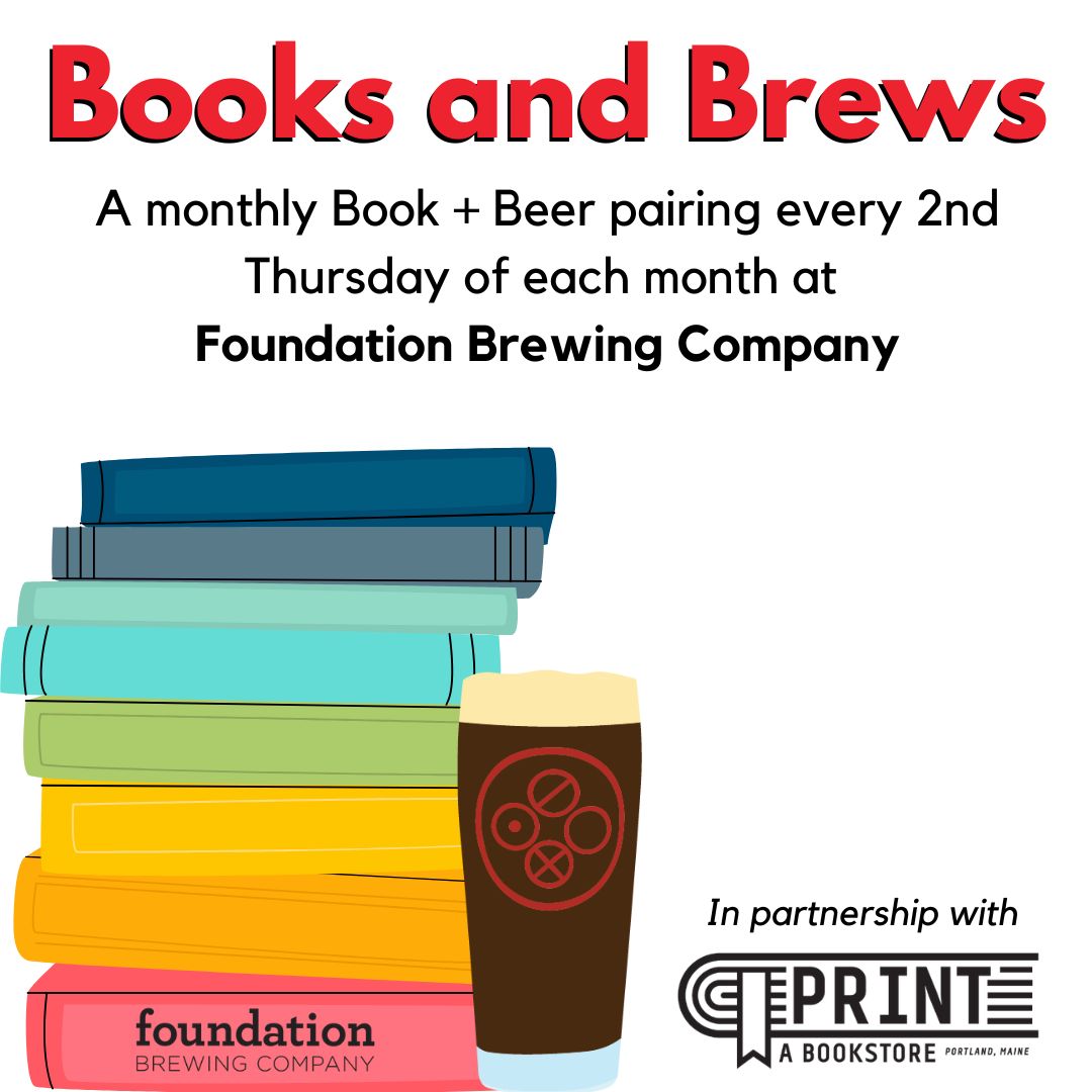 Poster announcing Foundation Brewing's Books and Brews book club in collaboration with Print: The Bookstore