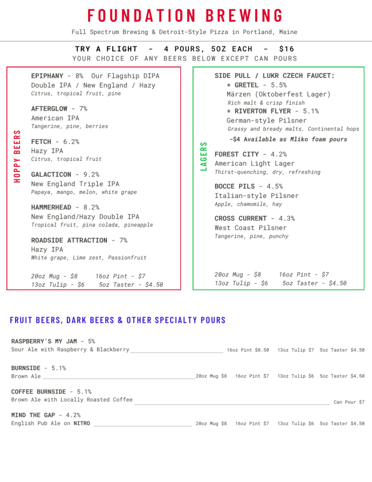Foundation Brewing & Pizza Kitchen, Beer Menu, updated 9-30-26