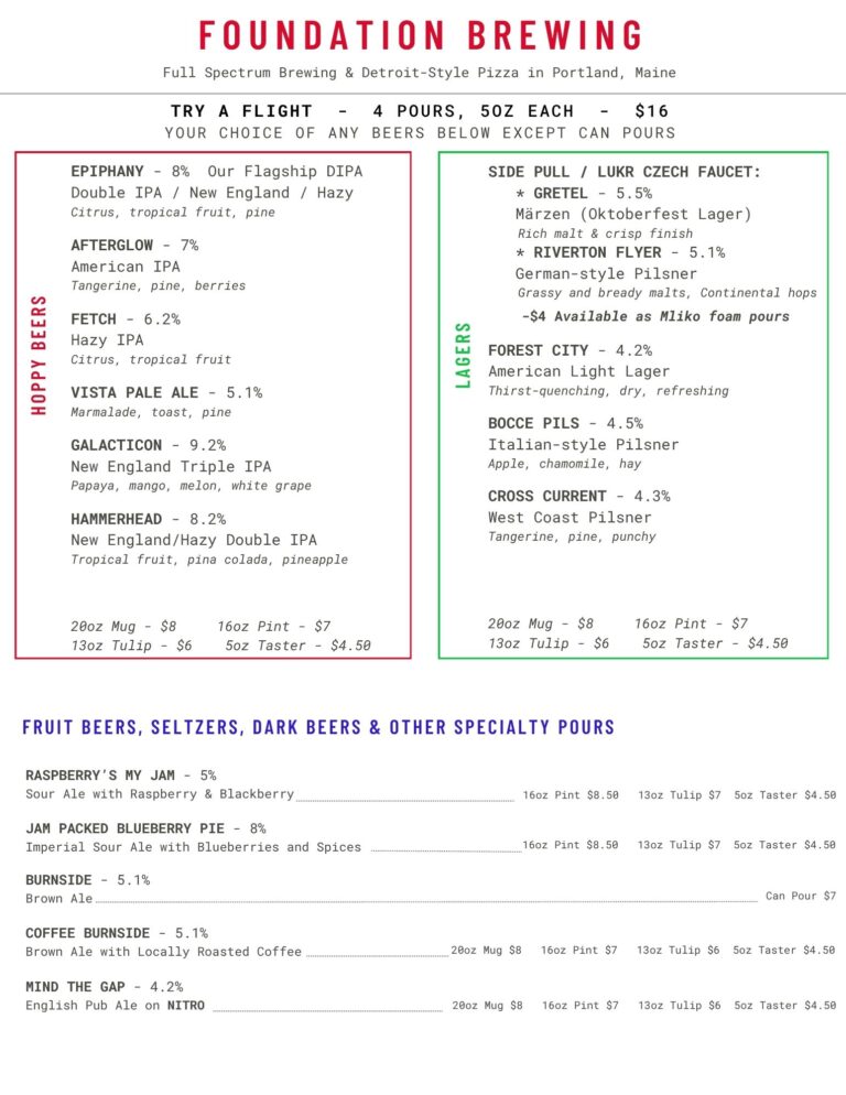 Foundation Brewing & Pizza Kitchen, Beer Menu, updated 9-9-26